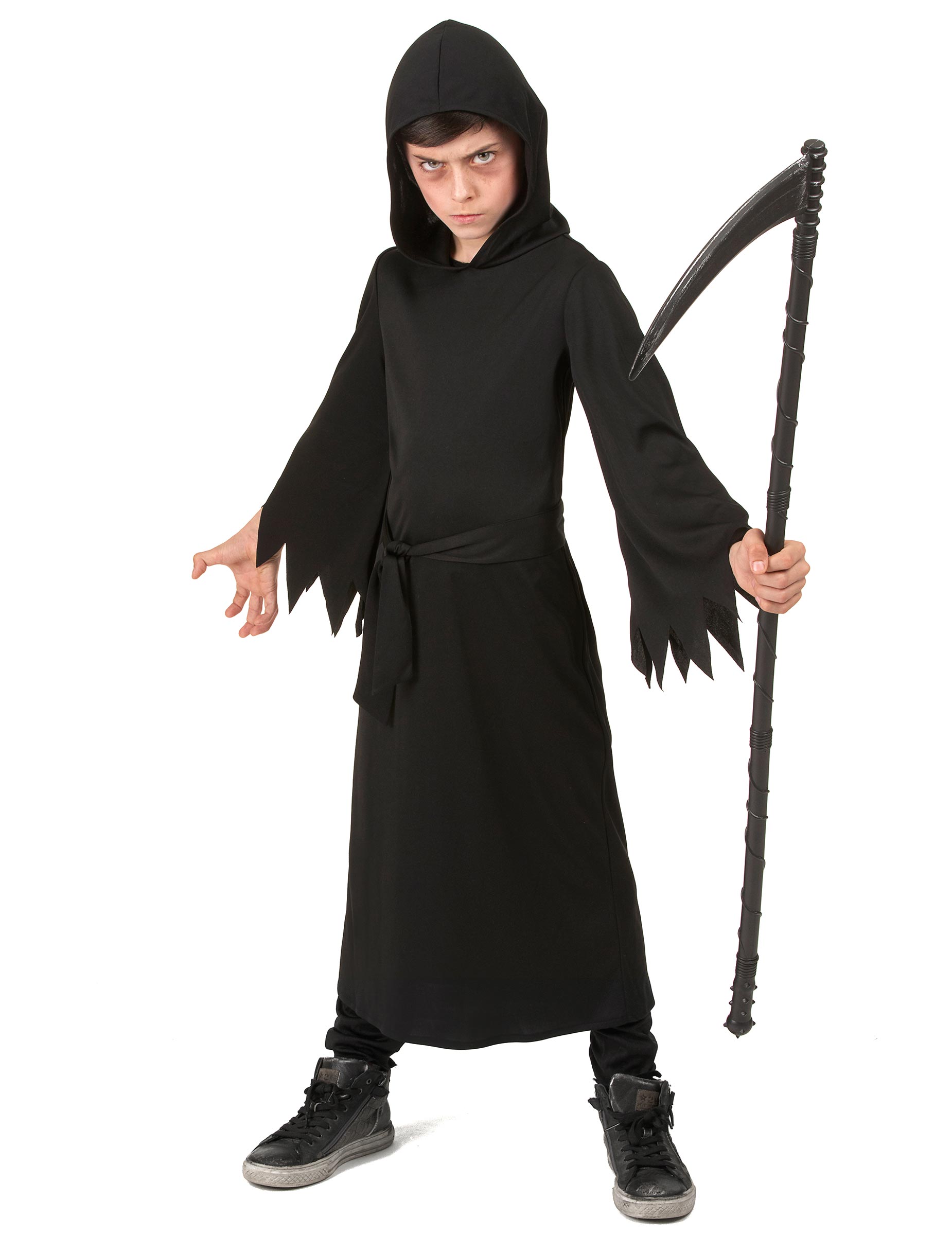 Costume Squelette Enfant Déguisement Faucheuse Enfant Avec Cape Noire, Masque Squelette Et Faucille - Halloween 5-14 Ans