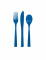 18 couverts en plastique bleu foncé, fourchettes couteaux cuillères