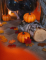 Mise en scène avec bûche et feuilles d automne de la citrouille en résine d Halloween