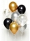 Bouquet de 8 ballons noir, or et argent 27 cm avec confettis