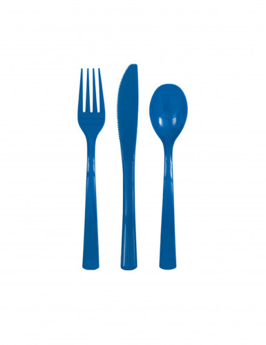18 couverts en plastique bleu foncé, fourchettes couteaux cuillères