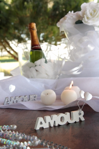 Mot en bois amour blanc pailleté 2,5 x 12 cm pour mariage
