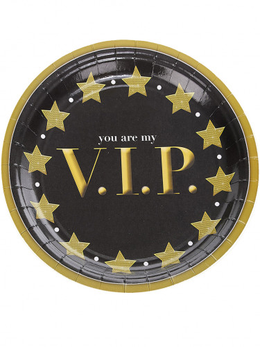 8 assiettes carton vip 23 cm noir et or