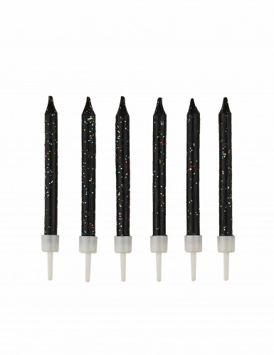 12 bougies noires à paillettes 7,5 cm avec bobèches