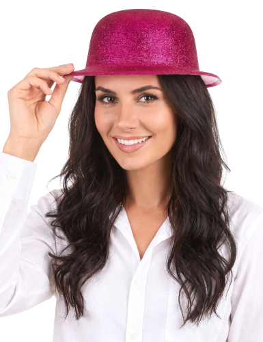 Chapeau melon pailleté fuschia adulte