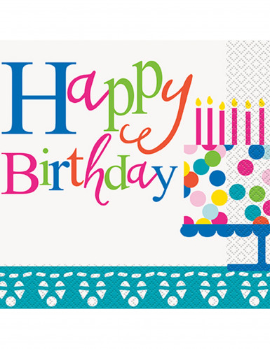 16 serviettes en papier happy birthday turquoises motif gâteau 33 cm