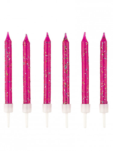 12 bougies d'anniversaire rose fuchsia à paillettes 6 cm avec socles