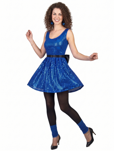 Déguisement robe disco bleue paillette avec gros noeud femme