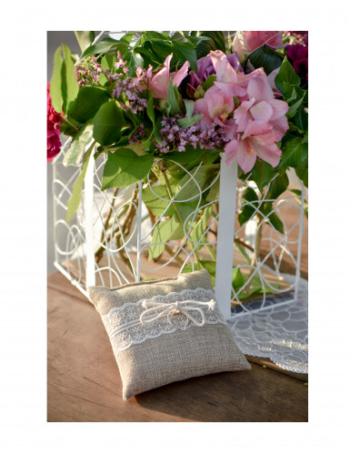 Coussin pour alliances en toile de jute et dentelle 12 cm style rustique