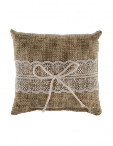 Coussin pour alliances en toile de jute et dentelle 12 cm style rustique