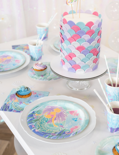 8 assiettes en carton jolie sirène 21,9 cm pour anniversaire