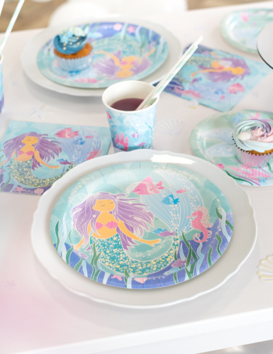 8 assiettes en carton jolie sirène 21,9 cm pour anniversaire