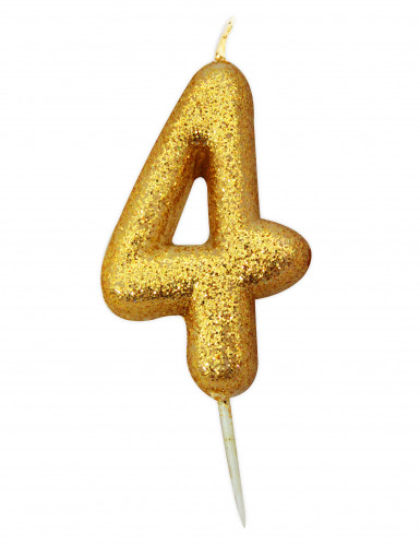 Bougie chiffre 4 doré à paillettes, 8,5 cm