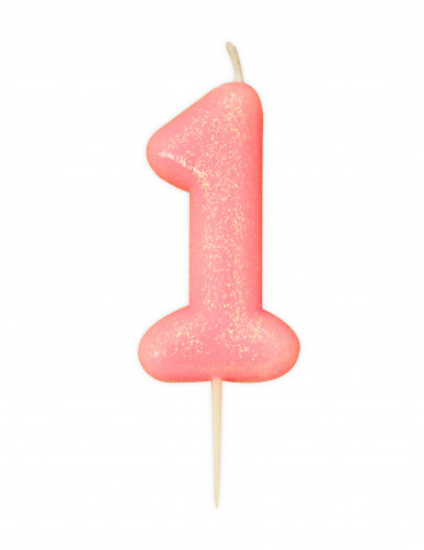 Bougie chiffre 1 rose irisé 9 cm pailletée