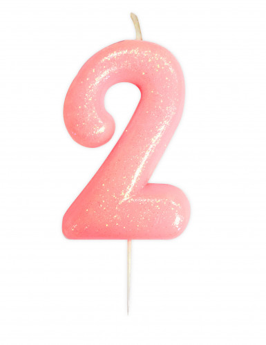 Bougie âge chiffre 2 rose irisé 9 cm à paillettes