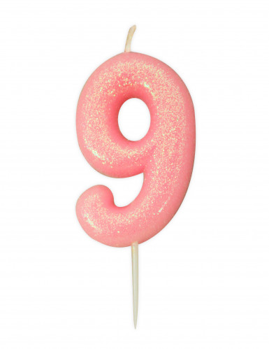 Bougie âge chiffre 9 rose irisé 9 cm pailletée pour gâteau