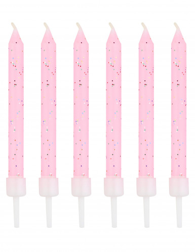 12 bougies roses à paillettes 7,5 cm avec bobèches