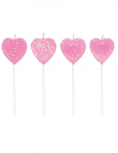 10 bougies sur pics cœurs roses 7 cm à paillettes