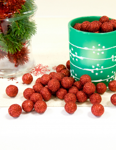 40 boules de décoration pailletées rouge 10 mm en mousse