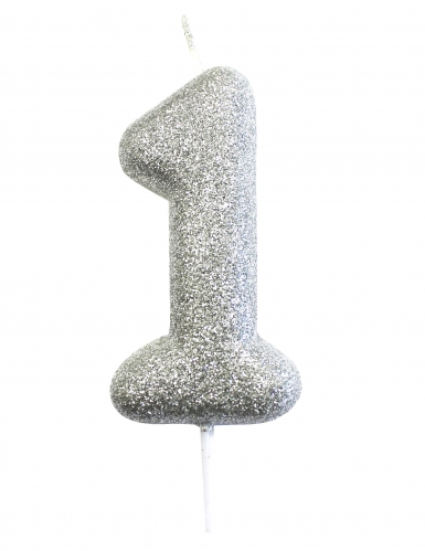 Bougie sur pique chiffre 1 argent pailletté 7 cm pour gâteau