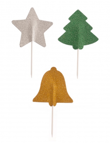3 piques en papier pailletés noël 5 cm sapin étoile cloche