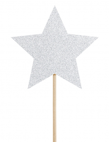 6 décorations pour gâteau sur pique étoile argent pailleté 11,5 cm pour anniversaire