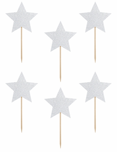 6 décorations pour gâteau sur pique étoile argent pailleté 11,5 cm pour anniversaire