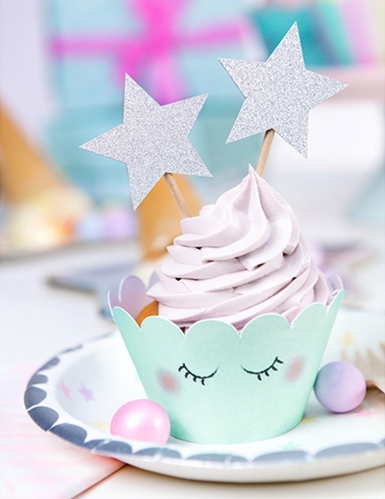 6 décorations pour gâteau sur pique étoile argent pailleté 11,5 cm pour anniversaire