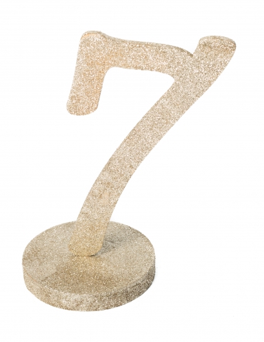 Centre de table chiffre 7 bois pailleté champagne 20 cm sur socle