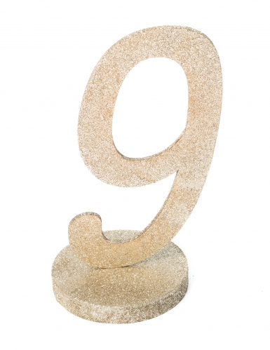 Centre de table chiffre 9 bois pailleté champagne 20 cm avec socle