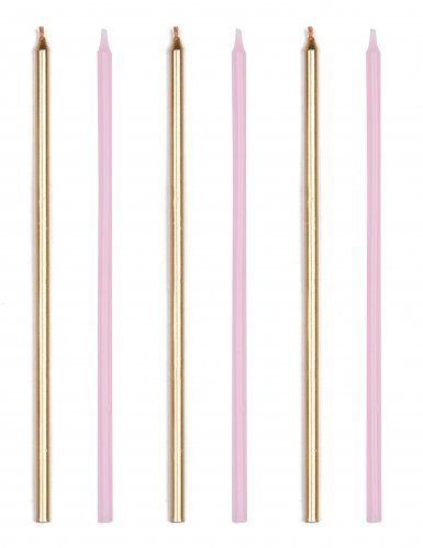 16 bougies géantes rose et doré métallique 18 cm avec bobèches