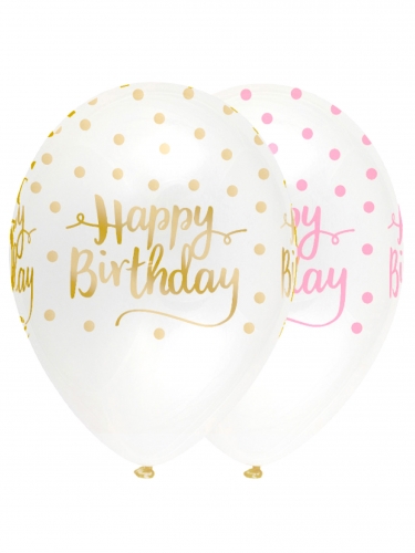 6 ballons en latex happy birthday à pois rose et doré 30 cm de diamètre