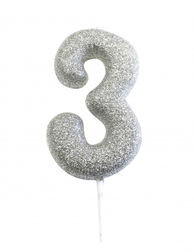 Bougie sur pique chiffre 3 argent pailleté 7 cm pour anniversaire