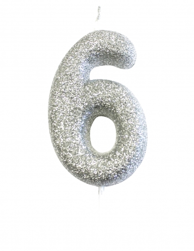 Bougie sur pique chiffre 6 argent pailleté 7 cm pour gâteau d'anniversaire