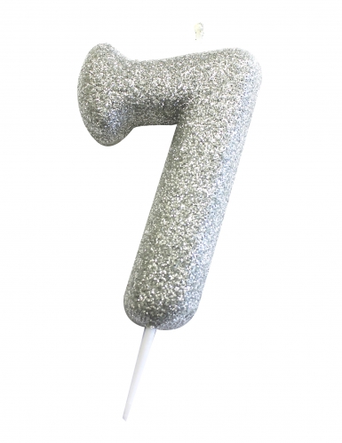 Bougie sur pique chiffre 7 argent pailleté 7 cm pour gâteau