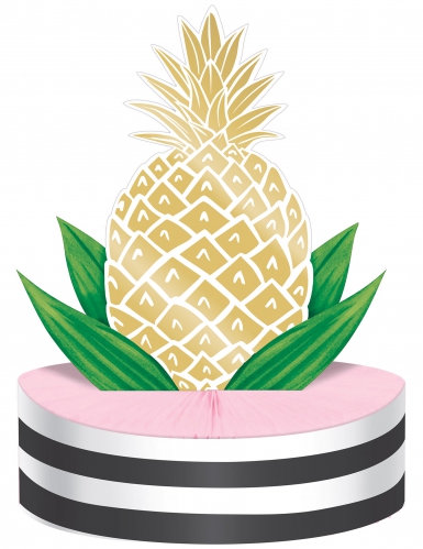Centre de table en carton ananas doré 23 x 30,5 cm socle rose alvéolé