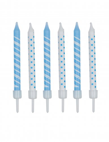 12 bougies d'anniversaire rayées et à pois blanc et bleu ciel 7,5 cm avec supports