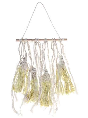 Suspension en bois pompons jaune 24 x 50 cm décoration bohème mariage