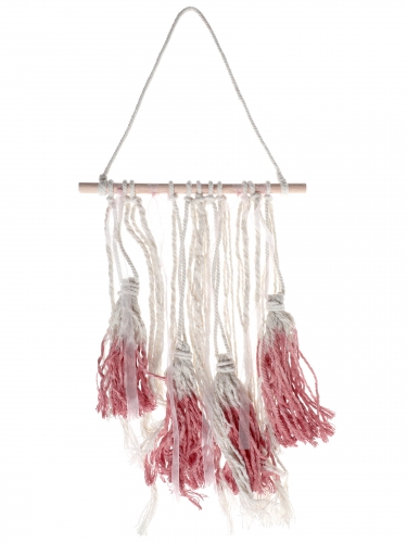 Suspension en bois pompons rouges 24 x 50 cm déco macramé