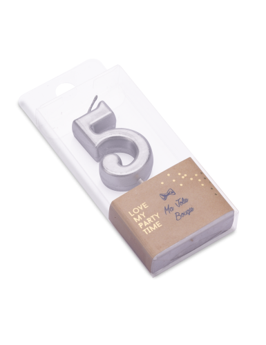 Bougie d'anniversaire chiffre 5 argenté métallisé 4,3 cm avec pic
