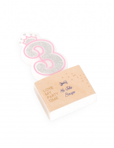Bougie d'anniversaire chiffre 3 princesse 5,8 cm à paillettes