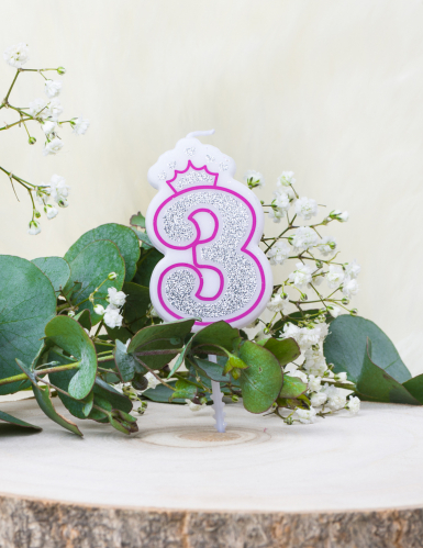 Bougie d'anniversaire chiffre 3 princesse 5,8 cm à paillettes