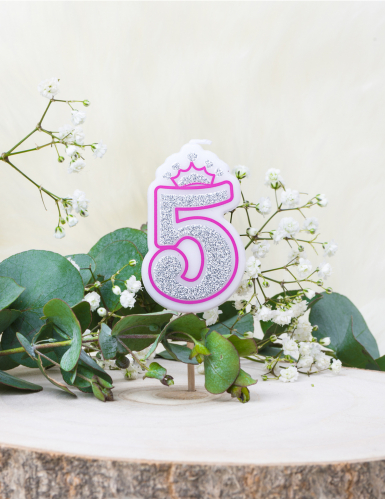 Bougie d'anniversaire chiffre 5 princesse rose à paillettes 5,8 cm