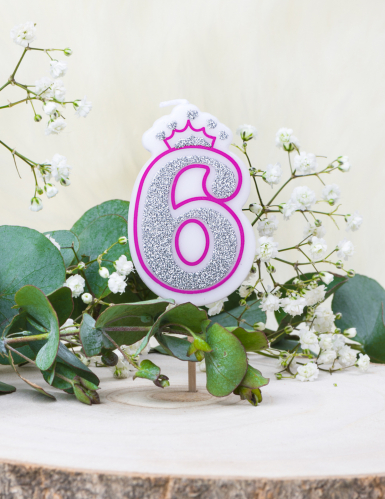 Bougie d'anniversaire chiffre 6 princesse 5,8 cm rose pailletée