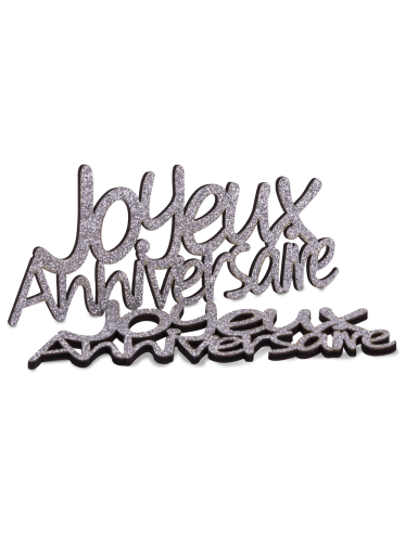 4 décorations en bois joyeux anniversaire argentées paillettées 11,5 x 3,5 cm pour table chic