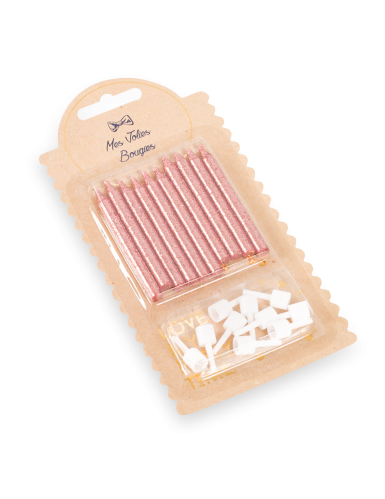 10 bougies avec bobèches rose gold pailletées 6 cm d'anniversaire