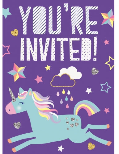 8 cartons d'invitation licorne violette pour anniversaire