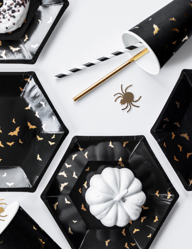 6 gobelets en carton chauve-souris noirs et dorés 220 ml pour Halloween