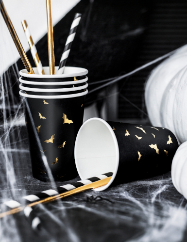 6 gobelets en carton chauve-souris noirs et dorés 220 ml pour Halloween