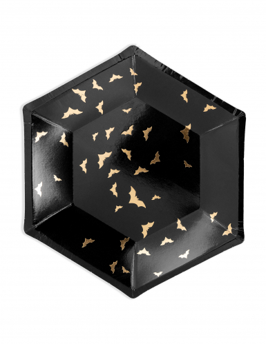 6 assiettes en carton chauves souris noires et dorées 20 cm hexagonales